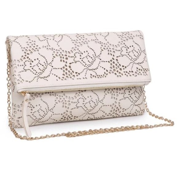 Handbags - Floral Lazer Cut-Out | Ivory | Crossbody Clutch